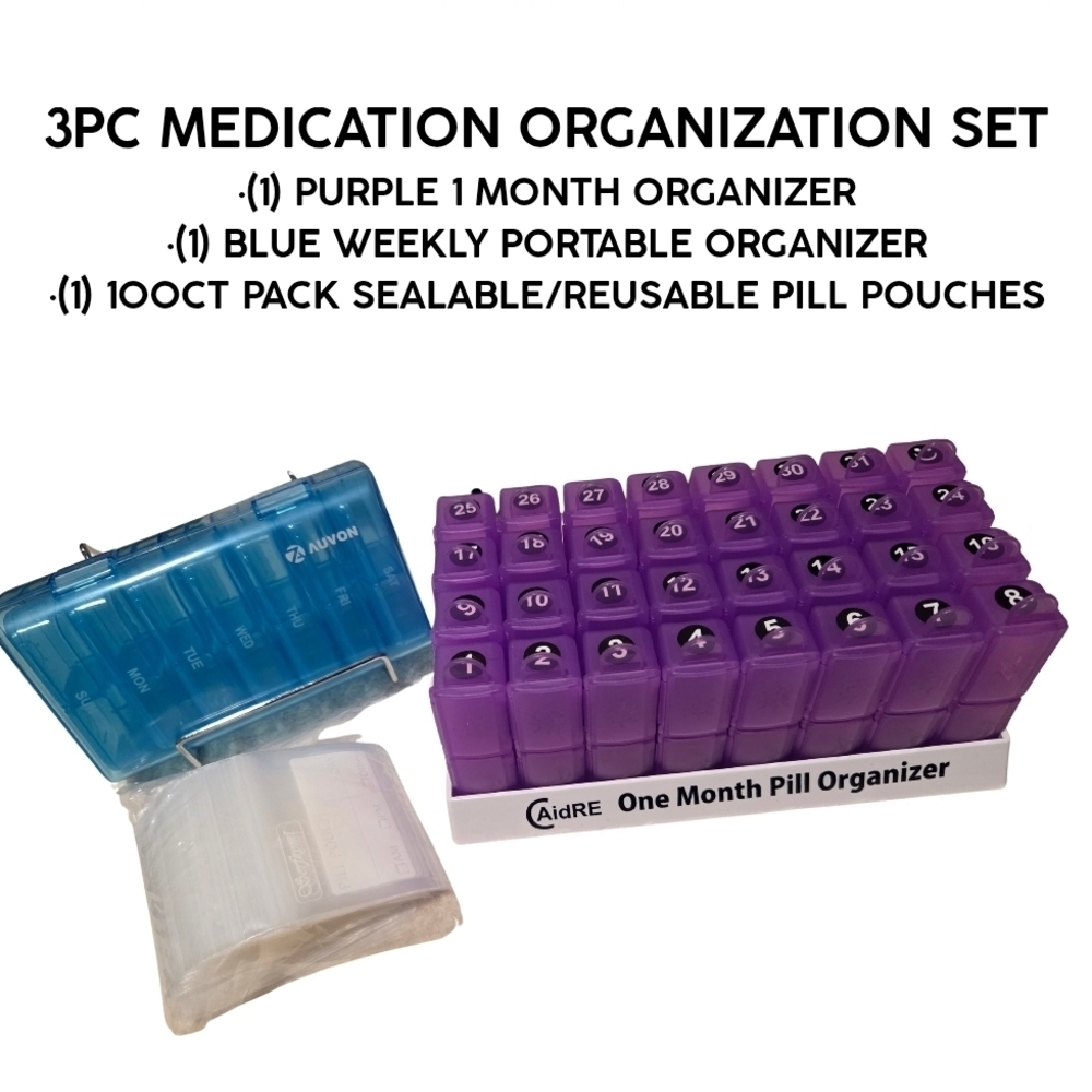 3PC Purple and Blue Medication Organizer Set